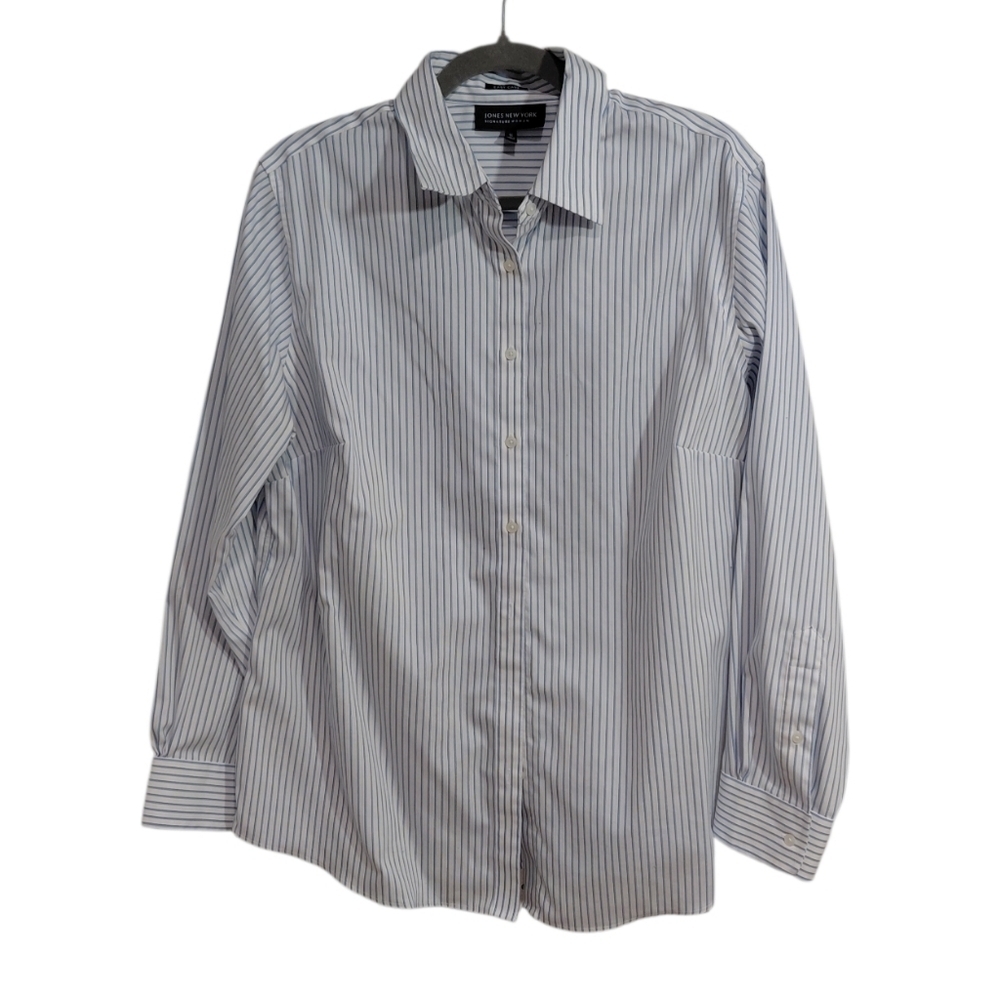 Jones New York Light Blue and White Vertical Stripe Button-Front Blouse 👚